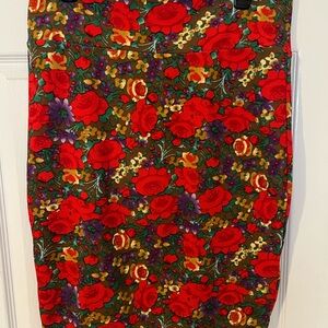 LuLaRoe Cassie Red Floral Pencil Skirt with Green and Purple Accents